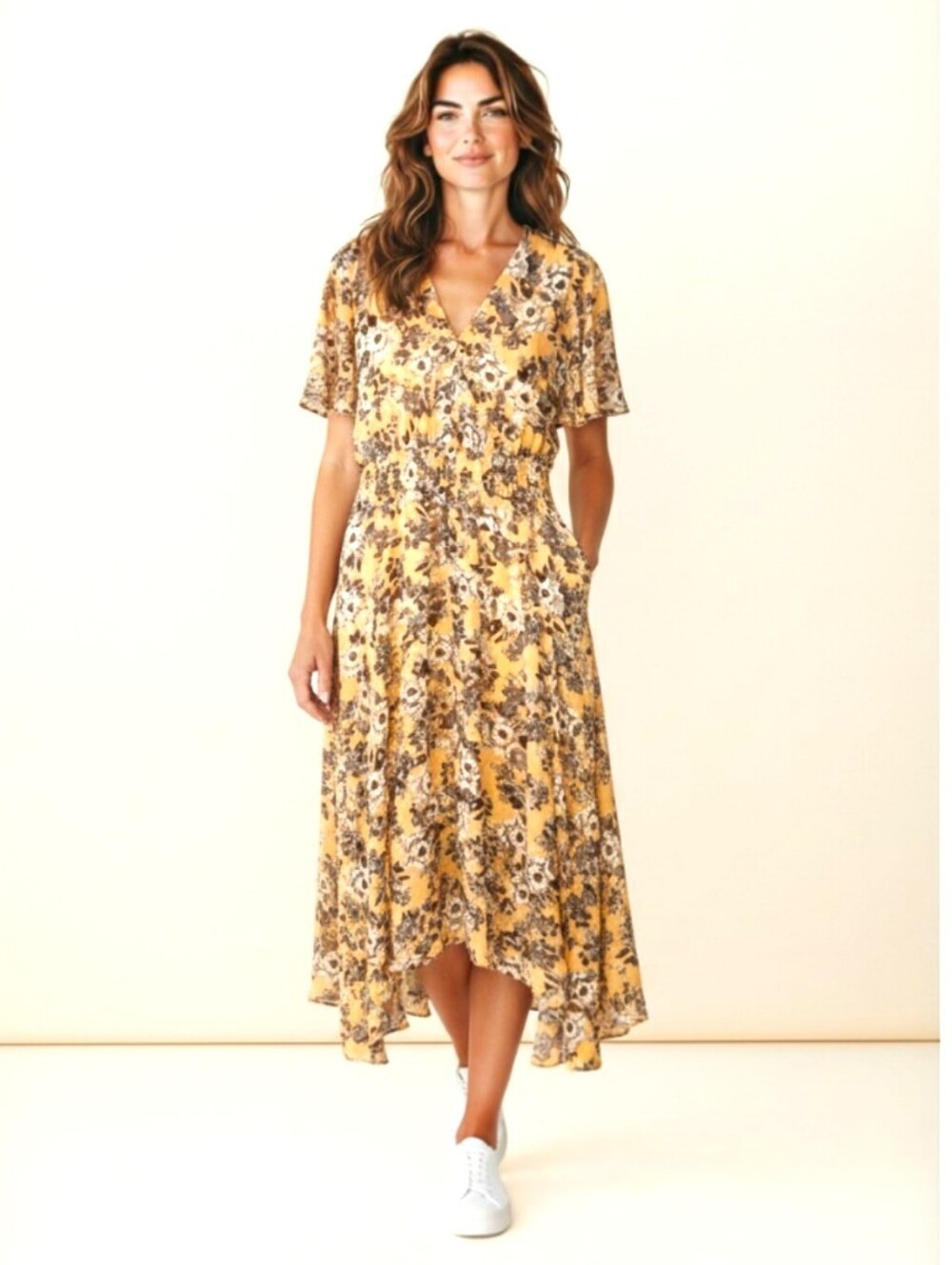 CALVIN KLEIN Metallic Fall Floral Flutter Sleeves V-neck Midi Dress Size 14 NWT